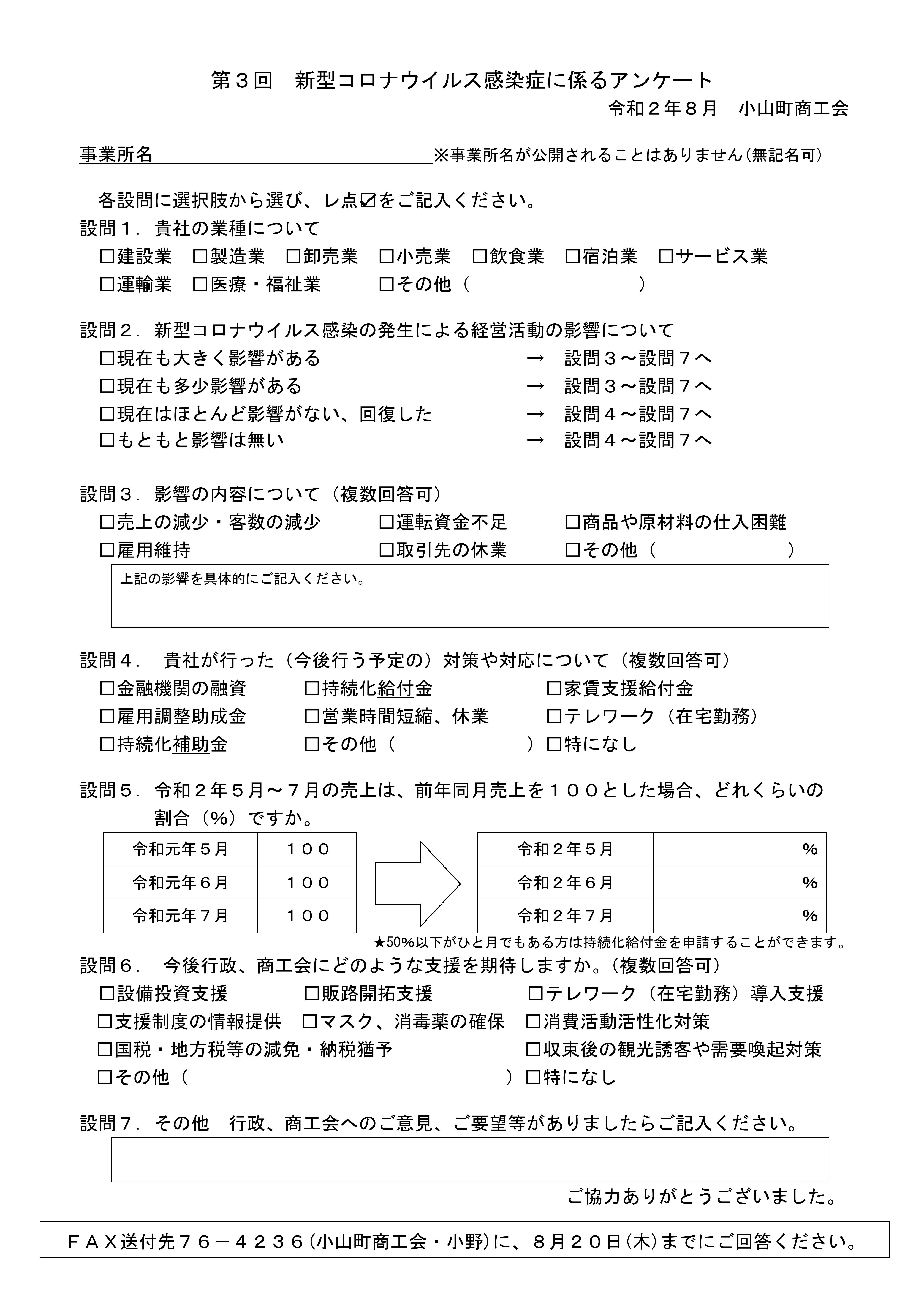 第３回 新型コロナウイルス感染症に係るアンケートについて 小山町商工会